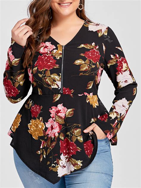 [ 51 off ] 2018 plus size asymmetric half zipper floral long sleeve blouse in floral 2xl