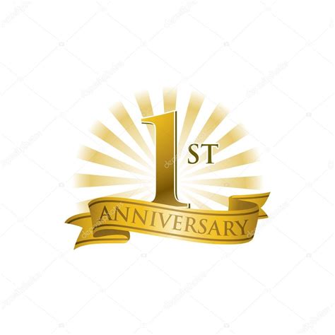 1st Anniversary Ribbon Logo With Golden Rays Of Light — Stock Vector