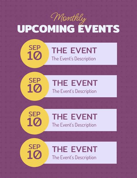 Purple Simple Monthly Upcoming Events Schedule Template Venngage
