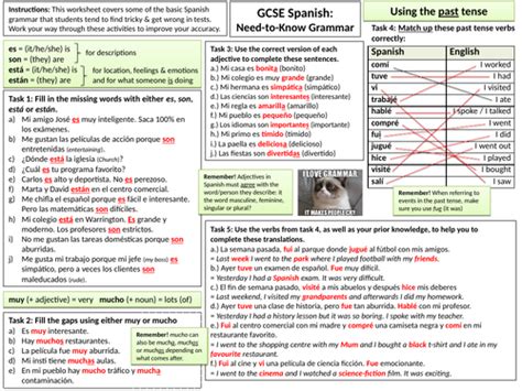 Gcse Spanish Grammar Revision Worksheet Teaching Resources