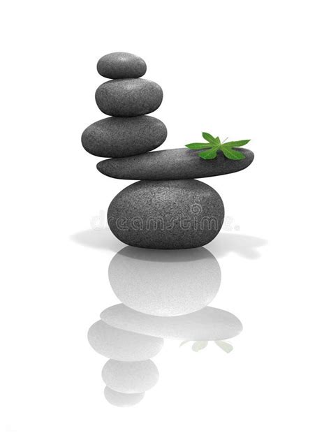 Zen Stones Balanced With Leaf Rendering Of Five Stacked Stones
