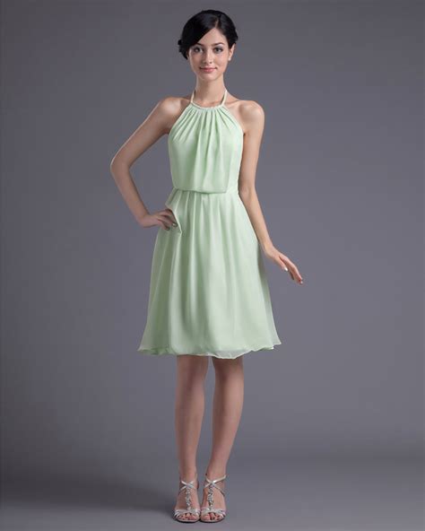 Halter A Line Knee Length Chiffon Bridesmaid Dress Light Green Custom Tailored Choose Your