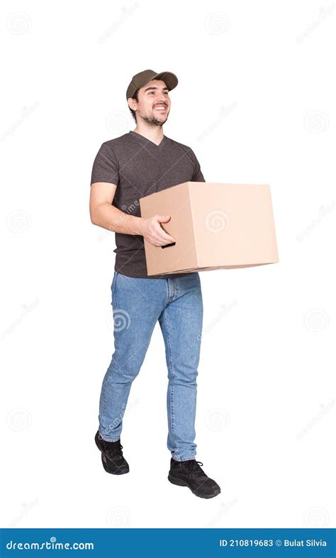 Cheerful Delivery Man On The Move Full Length Portrait Walking As