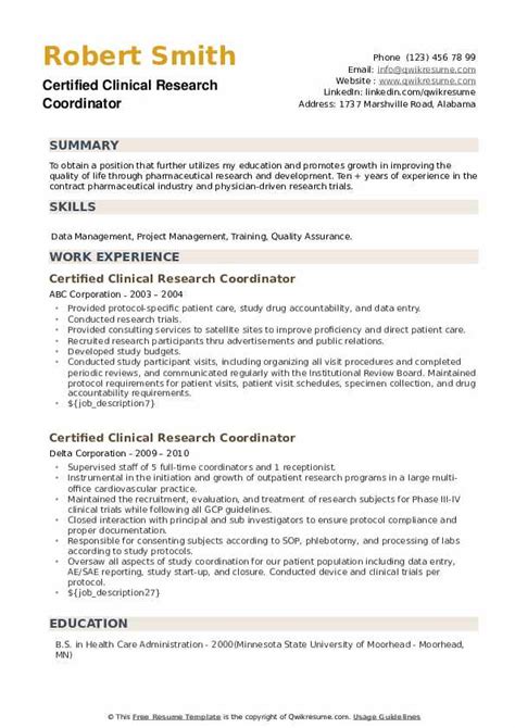 Certified Clinical Research Coordinator Resume Samples | QwikResume