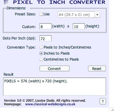 If you know the pixel width and height of your image, our calculator will convert those dimensions into its display size in inches. Handy-Dandy Pixel to Inch Converter | Technigrated