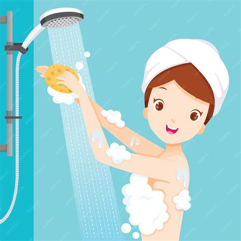 Mujer Joven Tomar Un Baño Con Ducha En El Baño Vector Premium