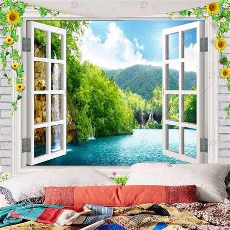 Faux Window Floral Landscape Waterproof Tapestry Green W79 Inch L59