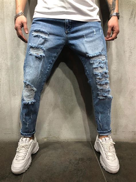 Ripped Blue Jeans Distressed Blue Ripped Jeans Men Blue Jeans