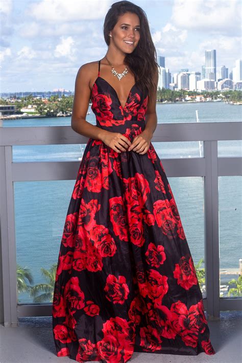 Red And Black Floral Maxi Dress With Criss Cross Back Floral Dress Formal Black Floral Maxi
