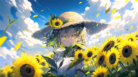 Download Wallpaper 1600x900 Girl Hat Sunflowers Flowers Petals