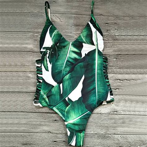Sexy One Piece Swimsuit Green Leaf Bodysuit Bandage Women Swimwear Cut Out Summer Beach Bathing