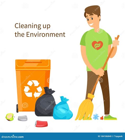 Cleaning Up Environment Volunteer Sweeps Garbage Stock Vector