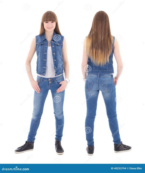 Front And Back View Of Cute Teenage Girl In Jeans Clothes Isolated On