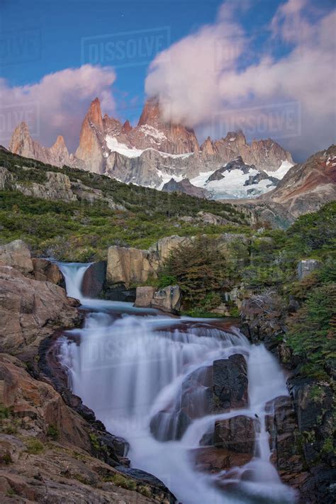 Waterfall With Mt Fitz Roy In The Background Los Glaciares National