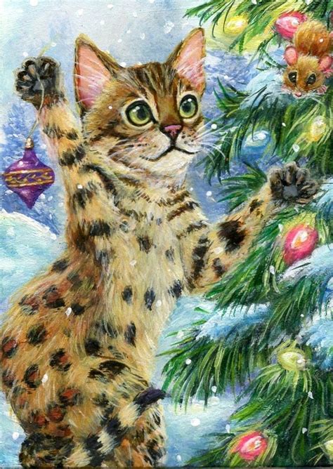 Aceo Original Bengal Cat Mouse Christmas Tree Snowfall Ooak Painting By