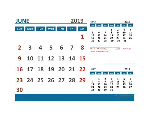 Printable Calendar June 2019 With Holidays 1 Month On 1 Page
