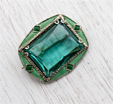 Sale Antique Art Deco Brooch Green Enamel And Glass Stone