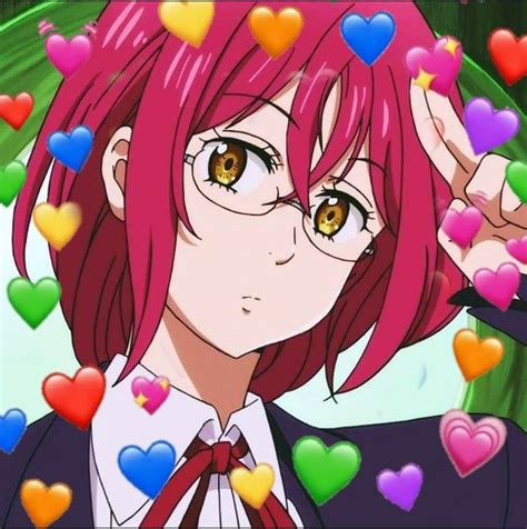 An Anime Character With Pink Hair And Glasses Surrounded By Heart
