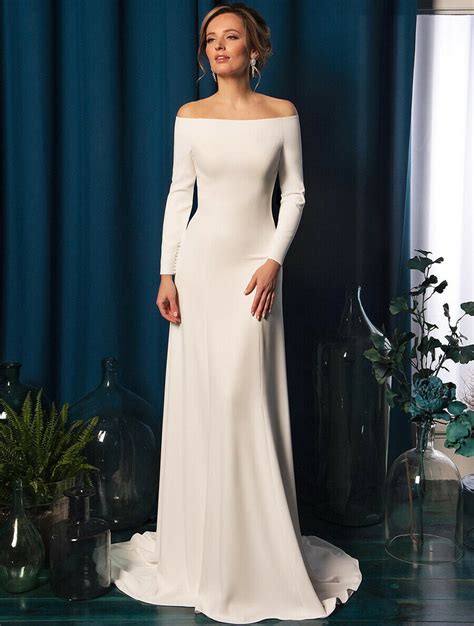 Modest Long Sleeve Off Shoulder Sheath Wedding Dress