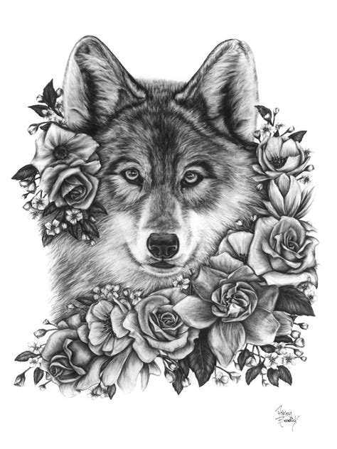 Wild Wolf Original Hand Drawn Charcoal Design Wolf And Flowers By