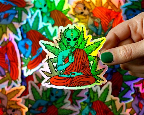 Weed Holographic Sticker Psychedelic Alien Pot Leaf Sticker Etsy Canada