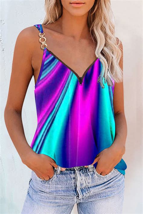 Purple Sexy Casual Print Patchwork Backless V Neck Topstank Tops