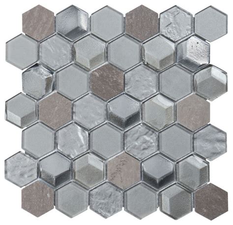 Hexagon Gray Marble Metallic Gray Silver Insert 3d Glass Mosaic Tile