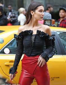 Bella Hadid Showcases Her Model Figure In Red Leather Trousers In Nyc
