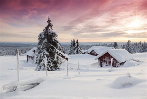 Scandinavian Sunset Snow Cabin Beautiful Norway Winter Scenes