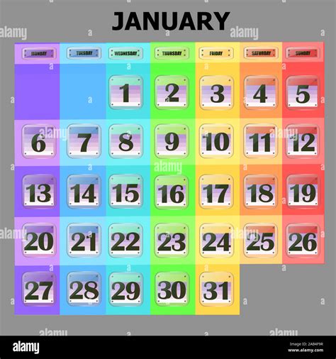 Colorido Calendario Para Enero De 2020 En Inglés Conjunto De Botones