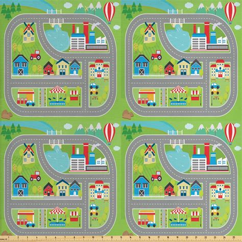 Car Race Track Fabric By The Yard Roadway Activity Sunny City
