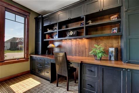 Home Office Painted Black With Open Adjustable Shelves And Wood Top
