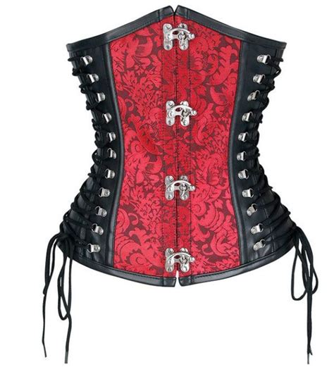 plus size red jacquard black faux leather steampunk underbust cincher corset leopard and lace