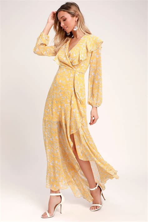 Maybel Yellow Floral Print Ruffled Long Sleeve Maxi Dress Maxi Dress