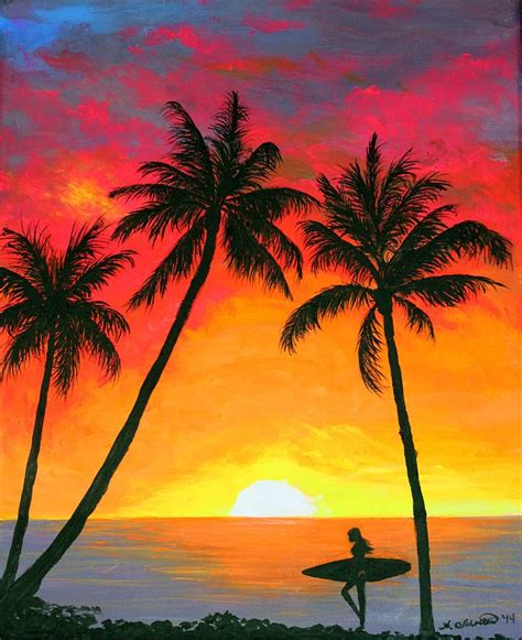 Tropical Sunset Surfer Art Sunset Art Watercolor Paintings Art