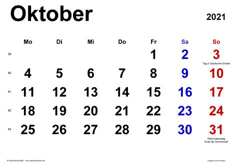 Kalender Oktober 2021 Als Pdf Vorlagen