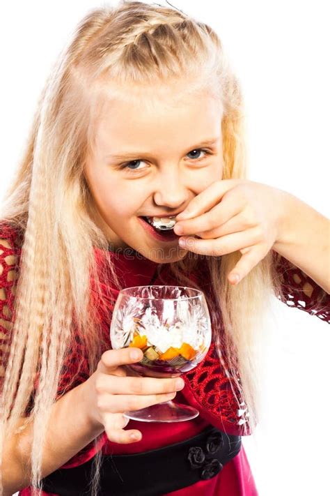 Beautiful Blonde Girl Eating Dessert Stock Image Image Of Coquettish