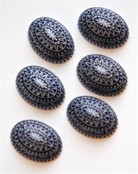 Vintage Etched Mosaic Navy Blue And White Cabochons 18x13mm Etsy