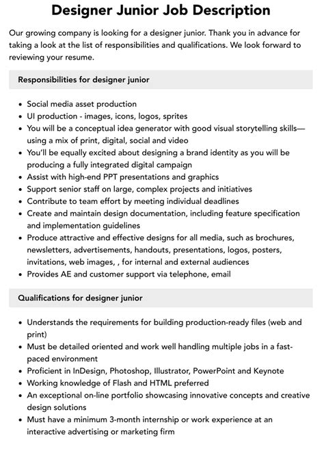 Designer Junior Job Description Velvet Jobs