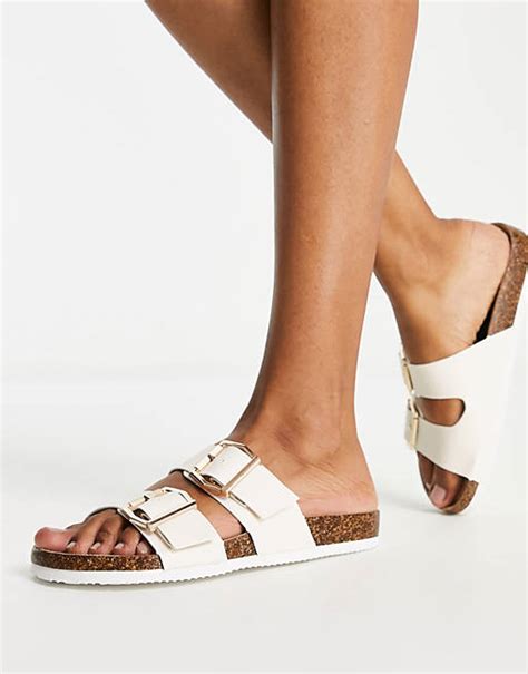 New Look Double Buckle Sliders In Off White Asos
