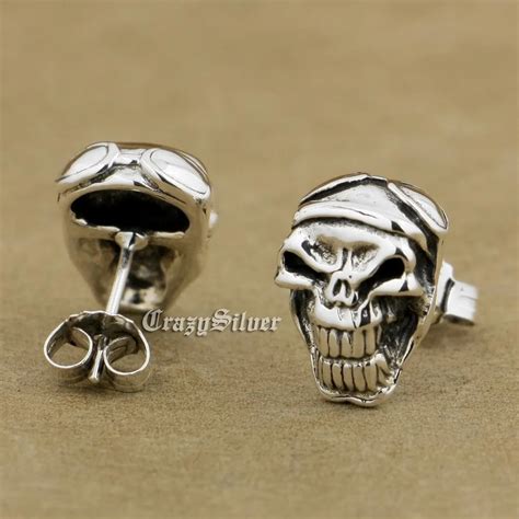 925 Sterling Silver Skull Mens Biker Punk Stud Earring 8r024 2 Pieces