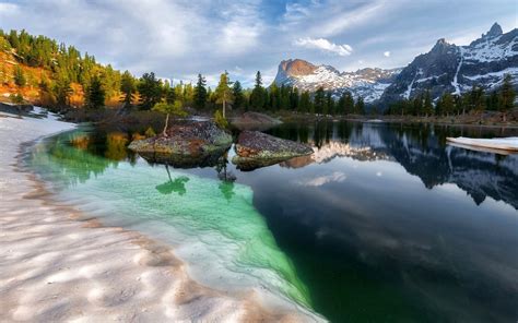 Landscape Nature Siberia Summer Mountain Forest Snowy Peak Lake Reflection Clouds Water Russia