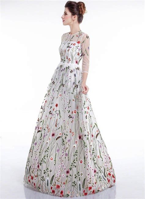 White Tulle Colorful Floral Embroidery Whimsical Maxi Evening Dress