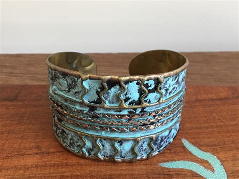 Patina Cuff Brass And Copper With Blue Green Patina Adjustable