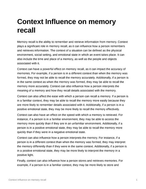 Context Influence On Memory Recall Context Plays A Significant Role