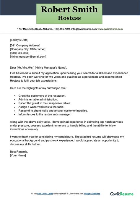 Hostess Cover Letter Examples Hostess Cover Letter Example Cover