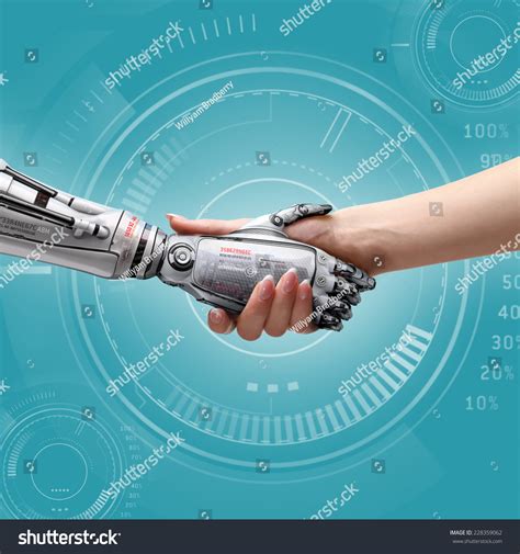 Female Human Robots Handshake Symbol Connection Foto Stock Editar