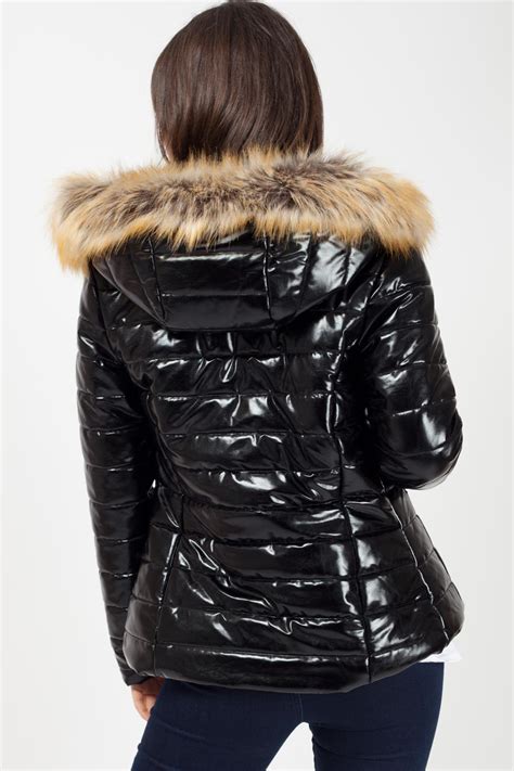 Black Shiny Puffer Faux Fur Hood Coat Uk