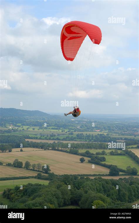 Paragliding Over Country Fields Stock Photo Alamy