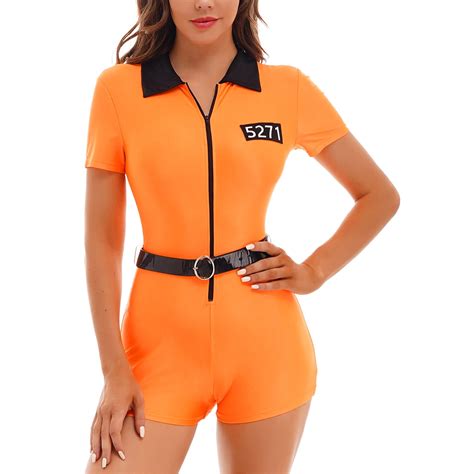 Yonghs Womens Prisoner Role Play Costume Halloween Jailbird Jumpsuit Romper With Belt Orange L